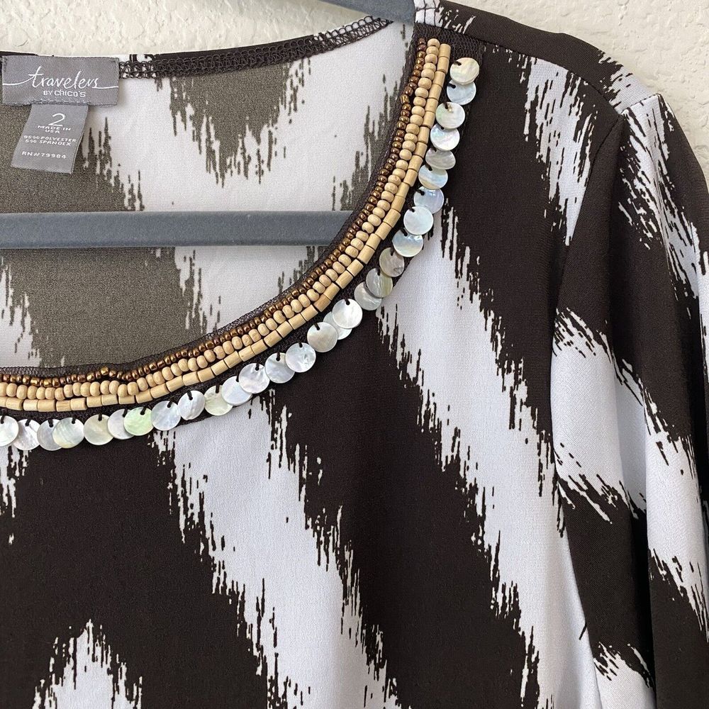 Chicos Travelers Blouse Top Womens Size 2 Large Ikat Beaded Trim Stretch - Picture 3 of 7